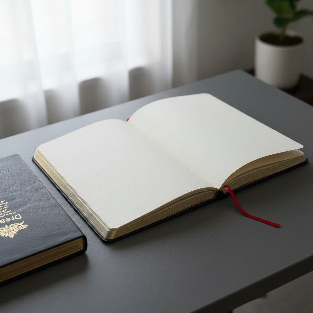Vintage-style black leatherette journal with smooth pages and gold edges 