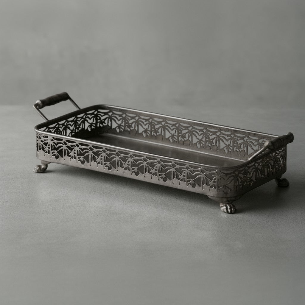 Polished Metal Lace Texture Tray – Vintage Style Decorative Table Centerpiece 