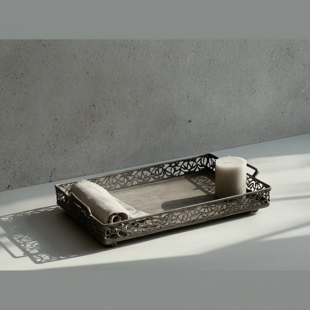 Polished Metal Lace Texture Tray – Vintage Style Decorative Table Centerpiece 
