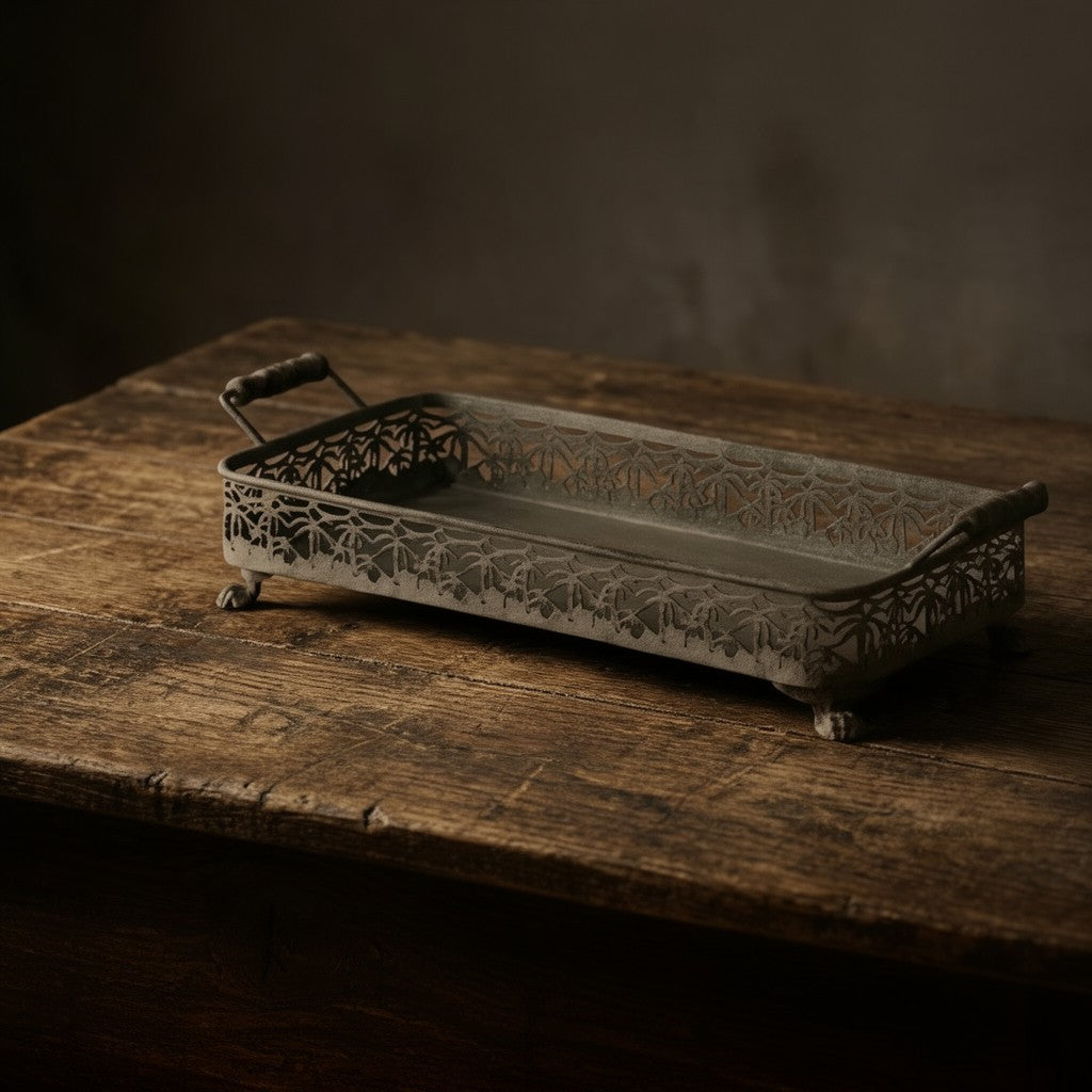 Polished Metal Lace Texture Tray – Vintage Style Decorative Table Centerpiece 