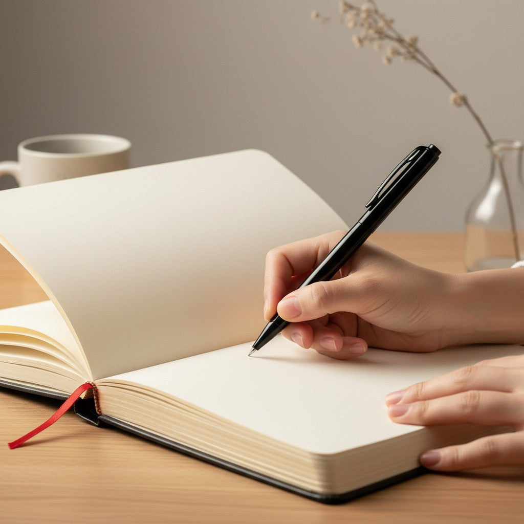 Vintage-style black leatherette journal with smooth pages and gold edges 