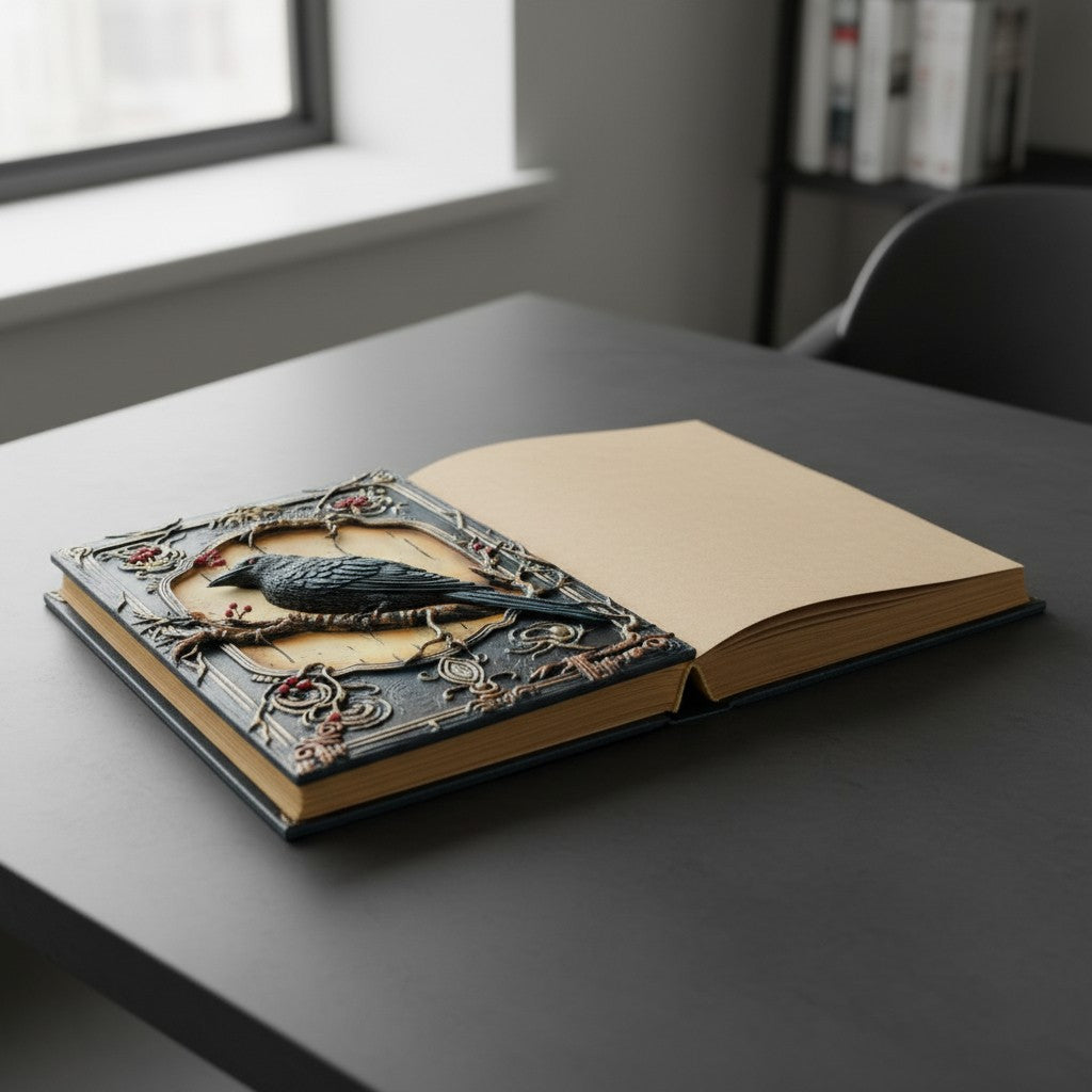 Raven journal  - ornate hard cover notebook - kraft blank pages - Ribbon with charm