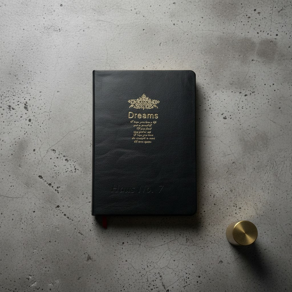 Vintage-style black leatherette journal with smooth pages and gold edges 