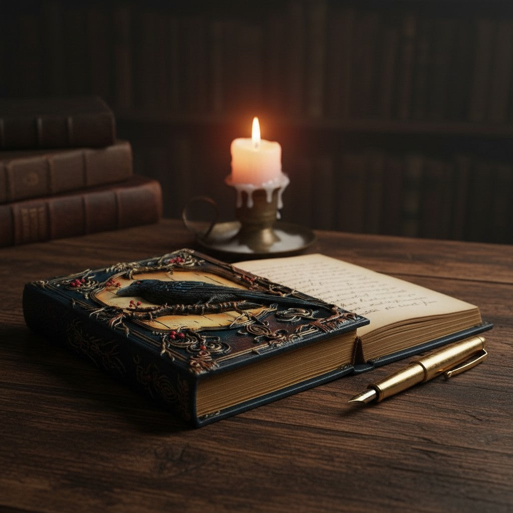 מחברת עורב (Raven) – מחברת בכריכה קשה מעוטרת – דפי קראפט חלקים – סימניית סרט עם תליון