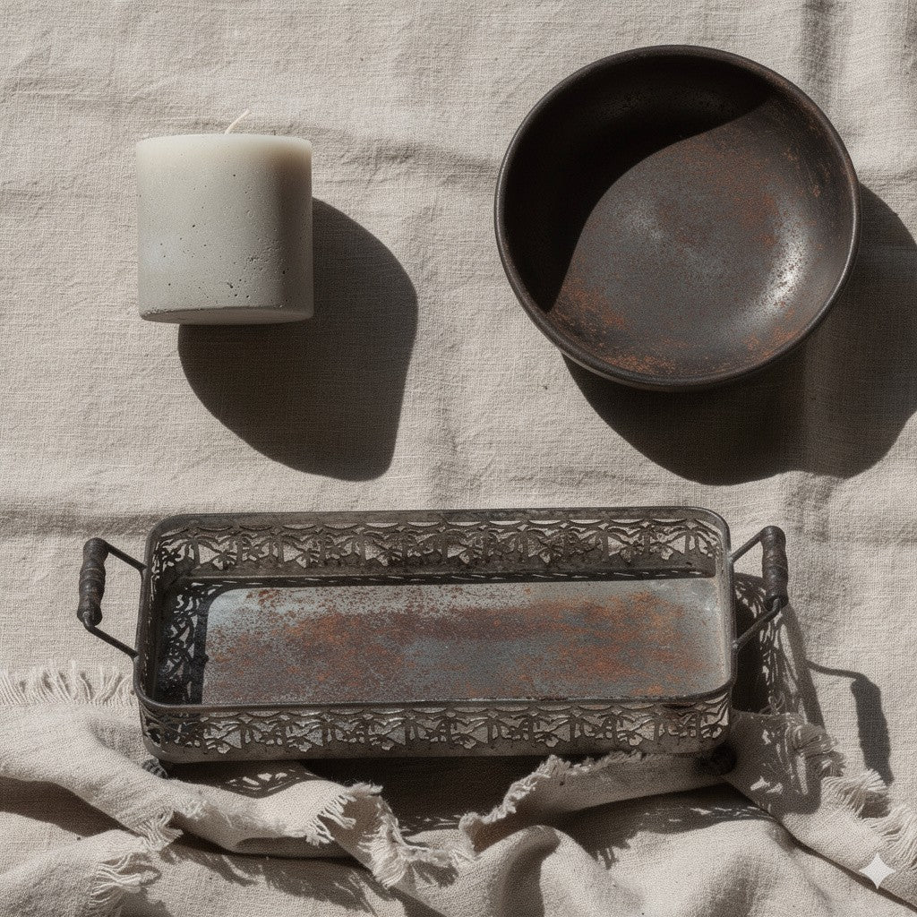 Polished Metal Lace Texture Tray – Vintage Style Decorative Table Centerpiece 