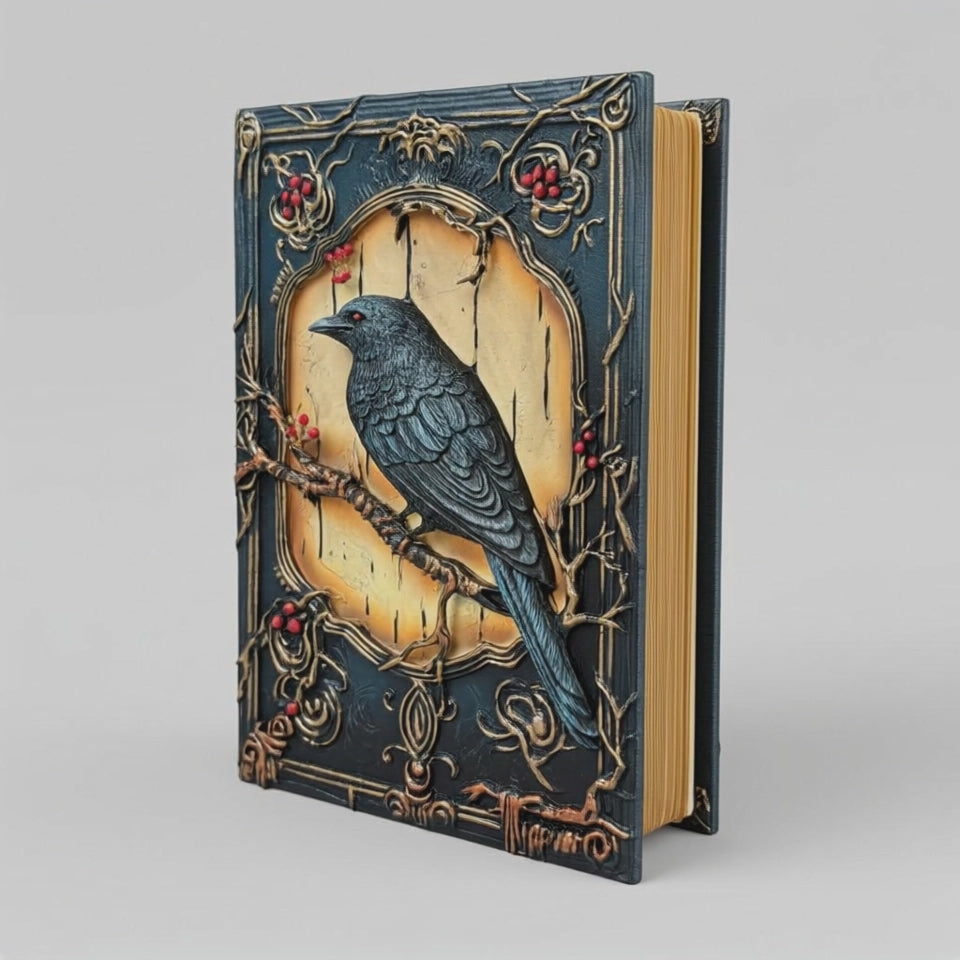 מחברת עורב (Raven) – מחברת בכריכה קשה מעוטרת – דפי קראפט חלקים – סימניית סרט עם תליון
