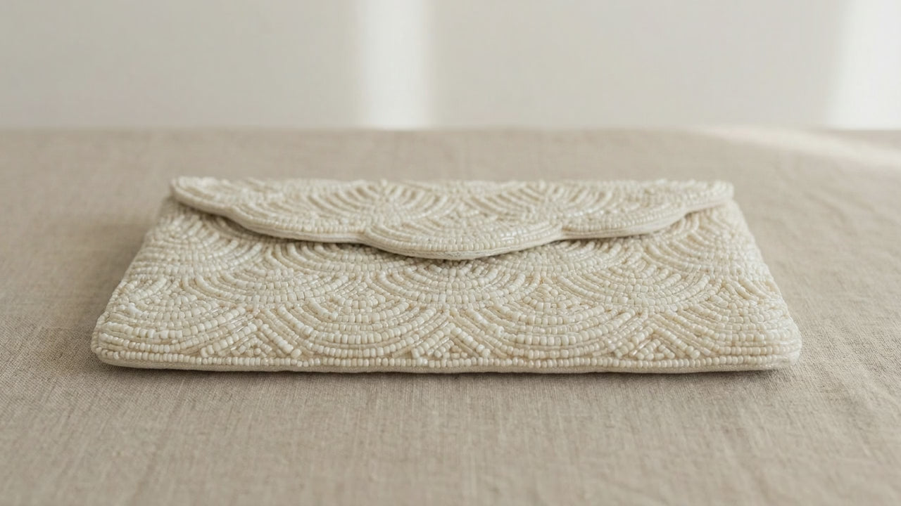 Beaded ivory clutch bag | Handmade light beige bead evening clutch