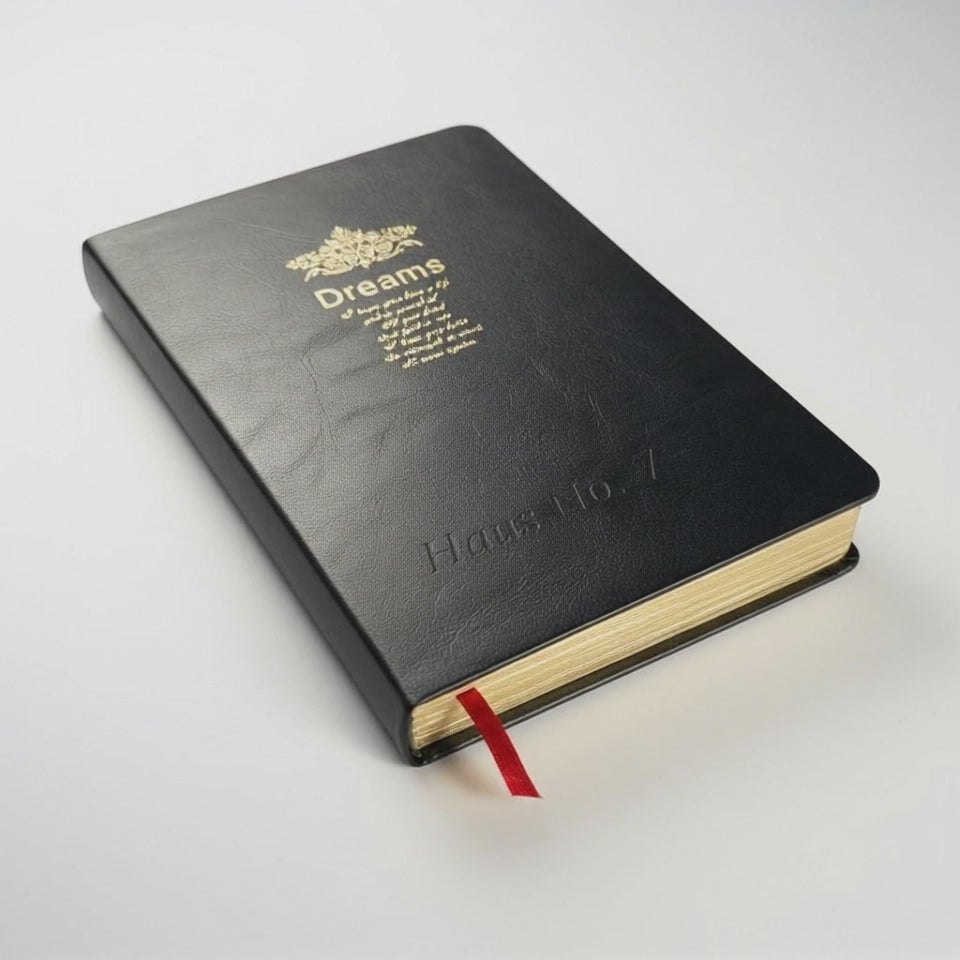 Vintage-style black leatherette journal with smooth pages and gold edges 