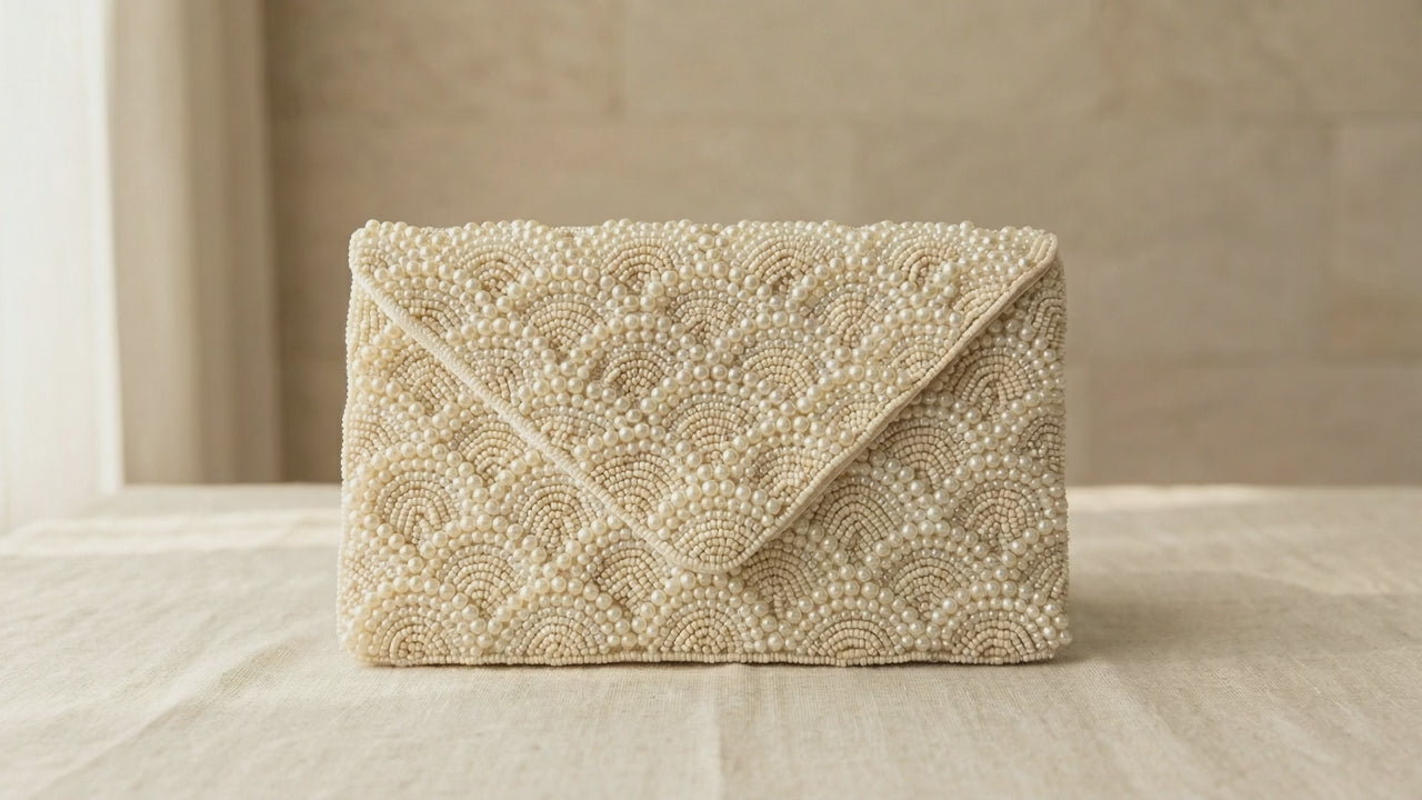 Beaded pearl clutch bag | Handmade ivory bead evening clutch