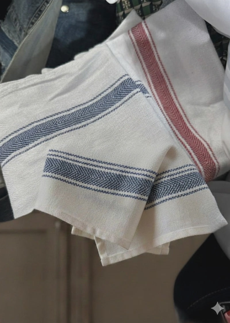 French Bistro Style Cotton Kitchen Towels – Red and Blue Stripes 