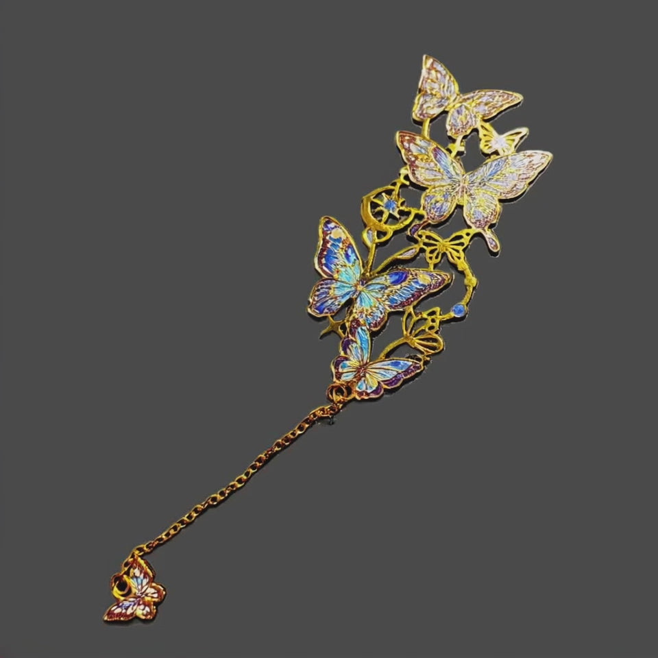 Pair of butterfly chain bookmarks (set of 2) – made of colored plated metal with a pendant 