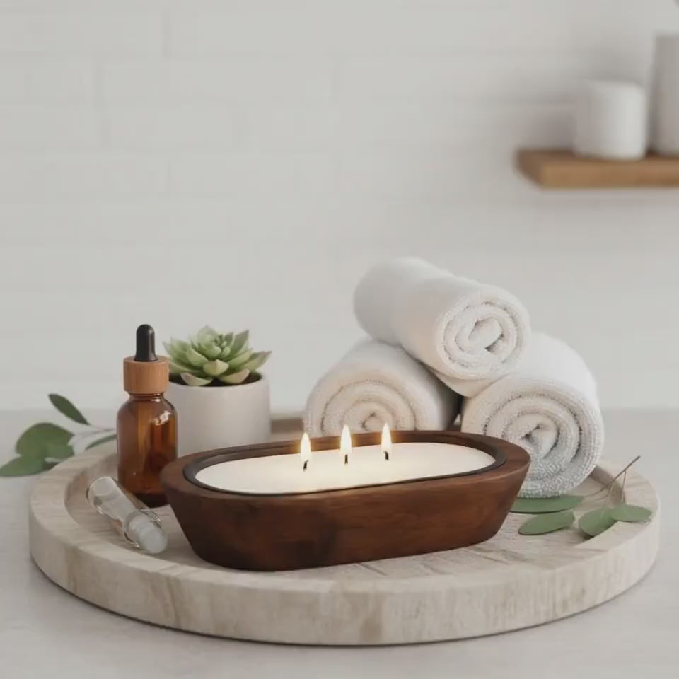 Large rustic wooden bowl candle: Scented soy candle with three burning wicks