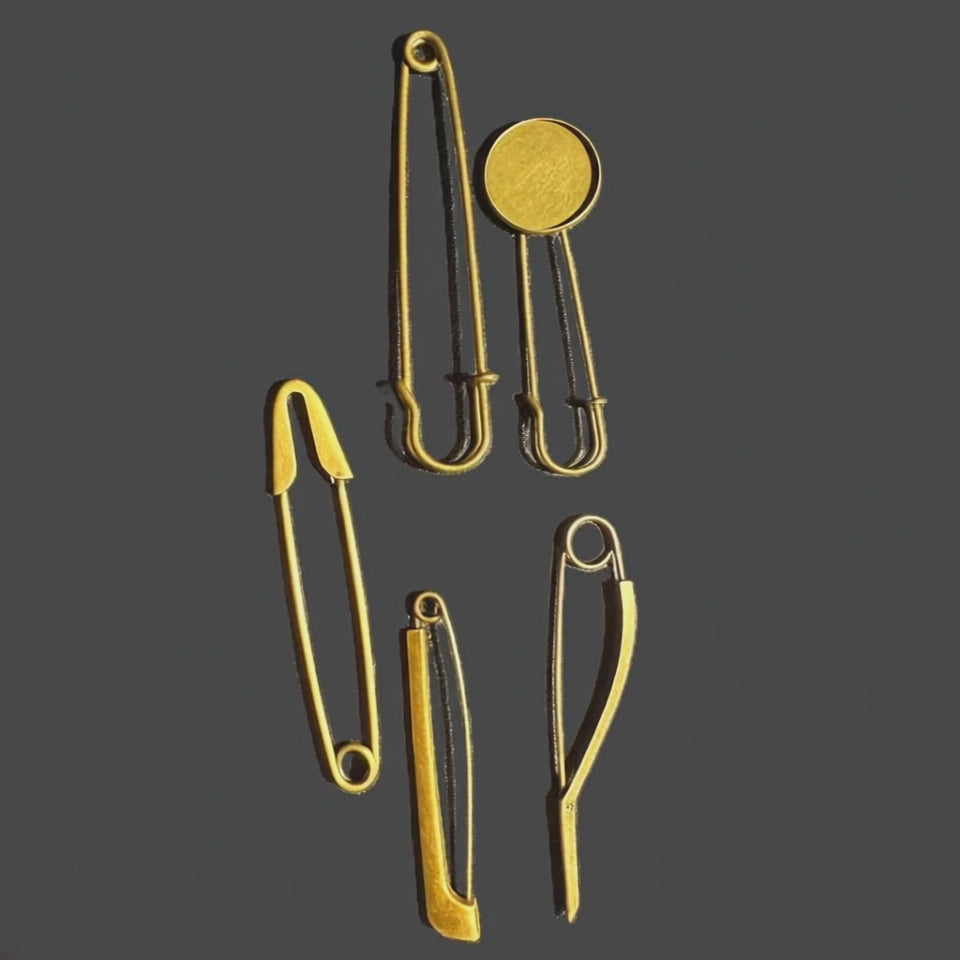 Set of 5 designer gold safety pins, industrial style brooch